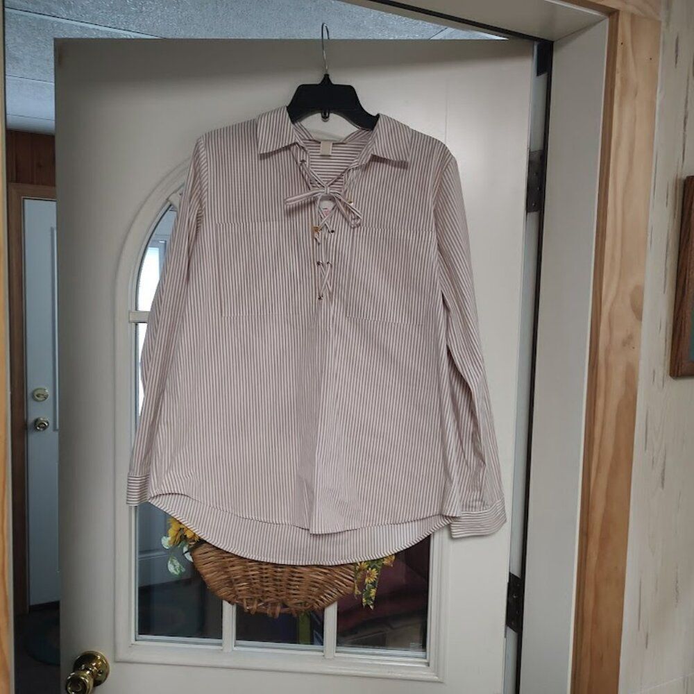 New Michael Kors Beige Striped Lace Up Long Sleeve Shirt Size Women's L